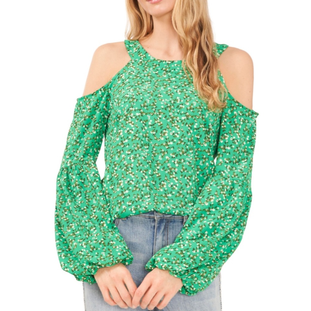 [M] CeCe Floral Green Blouse Top
